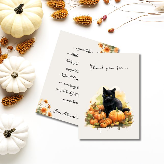 Carte De Remerciements Chat noir et Citrouille d'automne (Autumn Black Cat & Pumpkins Thank You Card)