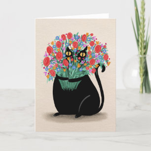 Carte De Remerciements Chat noir & fleurs