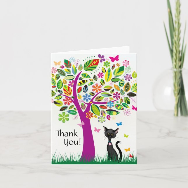 Carte De Remerciements Chat noir mignon et joli arbre à fleurs (Devant)