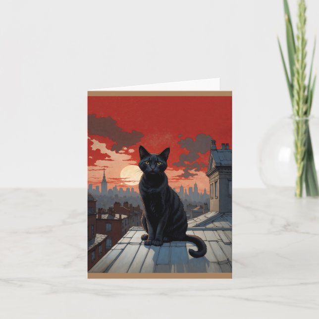 Carte De Remerciements chat noir sur le toit (Devant)
