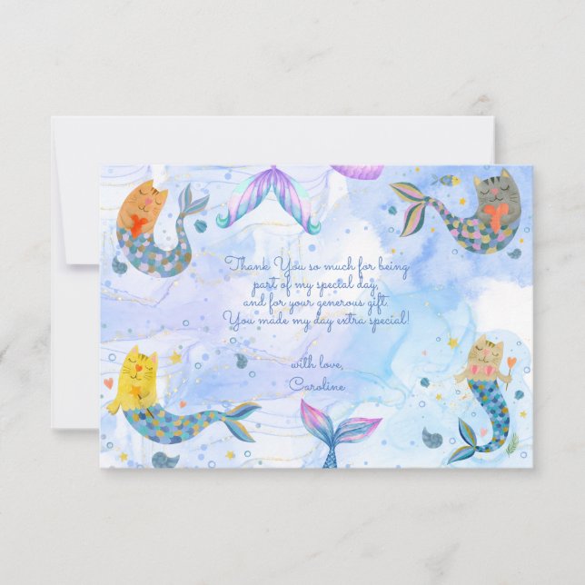 Carte De Remerciements Chat sirène aquarelle fille anniversaire enfant (Devant)