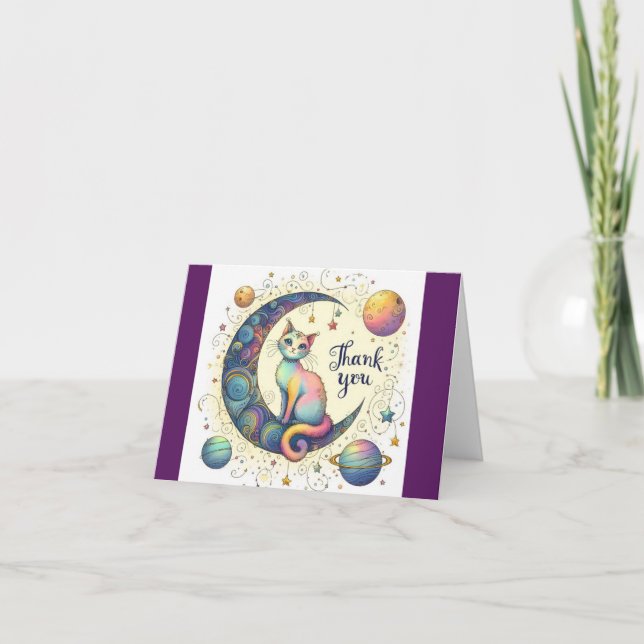 Carte De Remerciements Chat super sur la Lune (Devant)
