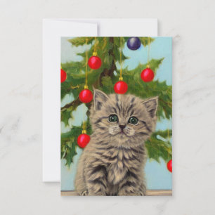 Carte De Remerciements Chat vintage et sapin de Noël