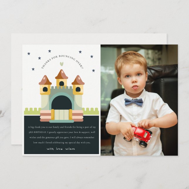 Carte De Remerciements Château gonflable pastel Photo Saut Anniversaire E (Devant / Derrière)