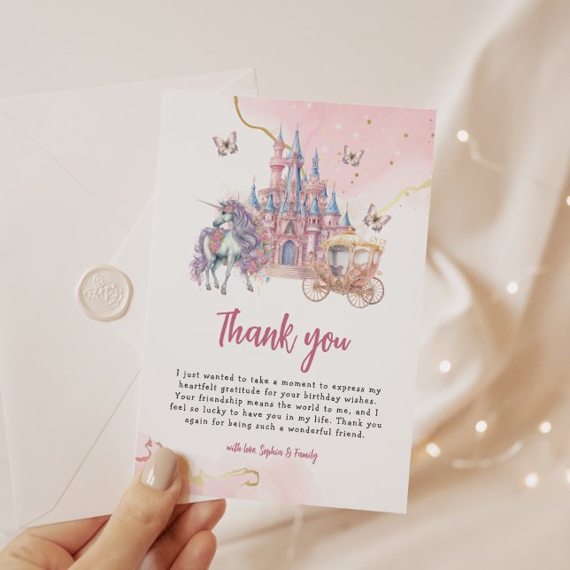 Carte De Remerciements Château magique Unicorn Rose Princesse 1er anniver (Créateur téléchargé)