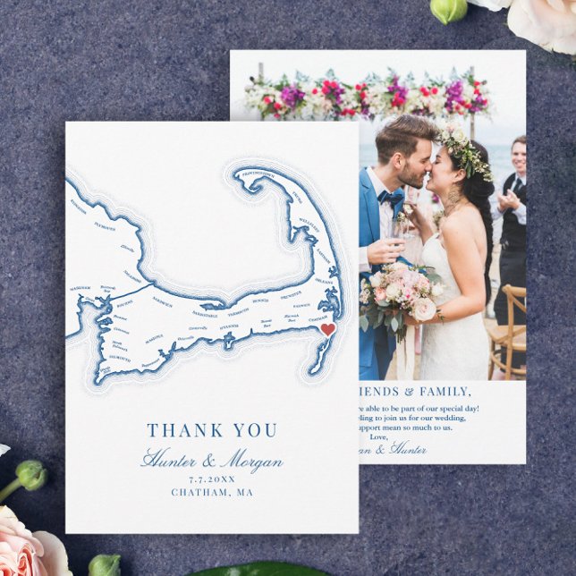 Carte De Remerciements Chatham Bars Inn Cape Cod Mariage Photo (Chatham Bars Inn Thank You Card with wedding photo in elegant navy blue from Coastal Map Designs)