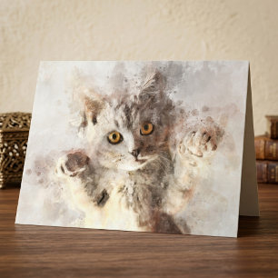 Carte De Remerciements Chaton à l'aquarelle joueur avec des yeux ambre br