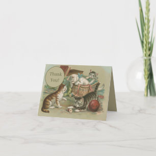 Carte De Remerciements Chatons victoriens vintage jouant dans un panier à