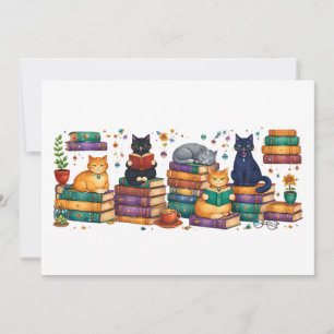 Carte De Remerciements Chats lisant des livres Scène de bibliothèque cosy
