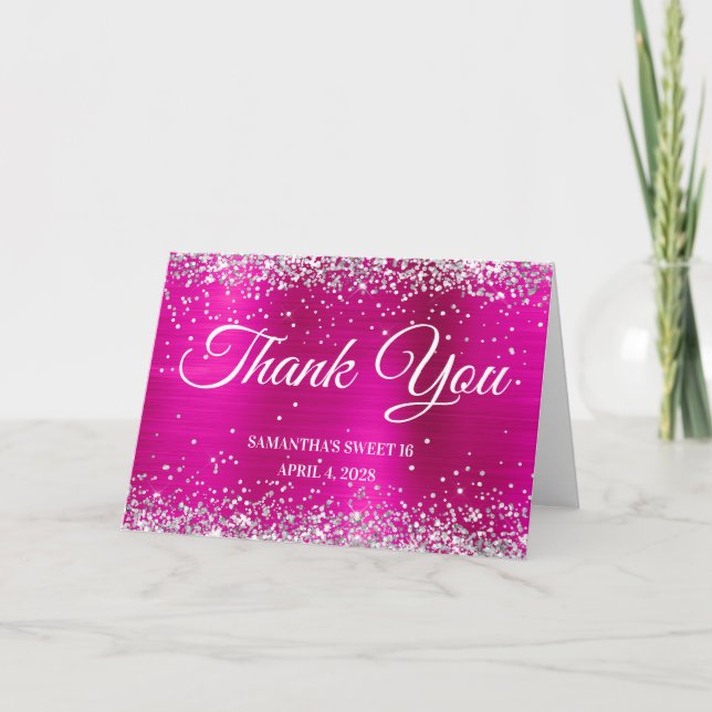 Carte De Remerciements Chaud Pink Foil Parties scintillant argent doux 16 (Devant)