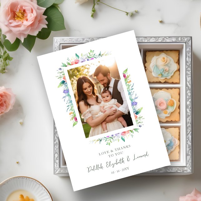 Carte De Remerciements Cherish Cute Floral Frame Christening Photo (Cherish Cute Floral Frame Christening Photo Thank You Card. )