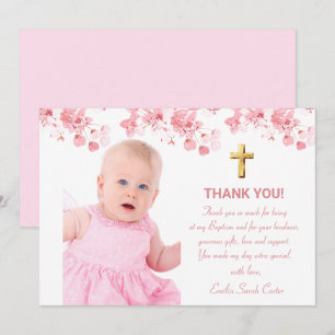 Carte De Remerciements Cherry Blossom Floral Photo Cross Girl Baptism