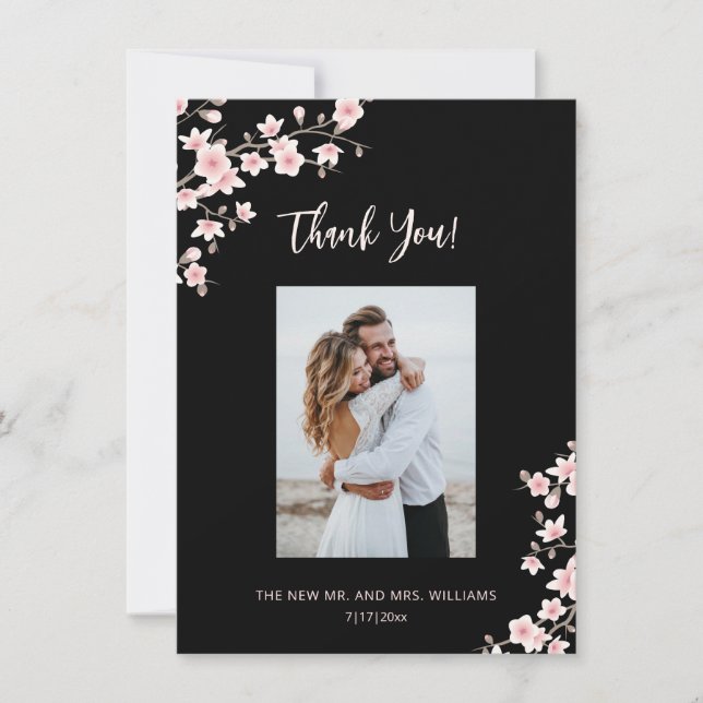 Carte De Remerciements Cherry Blossom Pink Black Wedding Thank You (Devant)