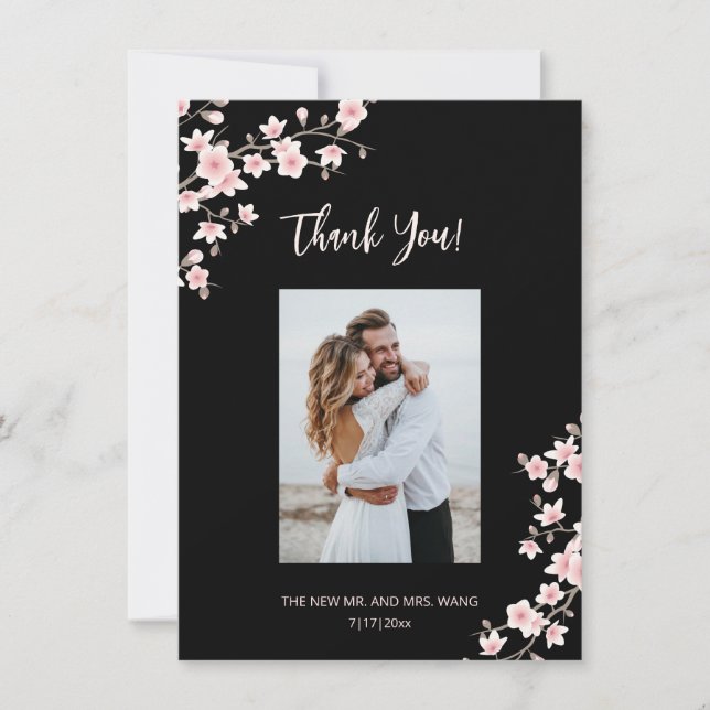 Carte De Remerciements Cherry Blossom Pink Black Wedding Thank You (Devant)