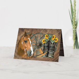 Carte De Remerciements Cheval Cowboy Boots Wagon Wheels Sunflowers Wester
