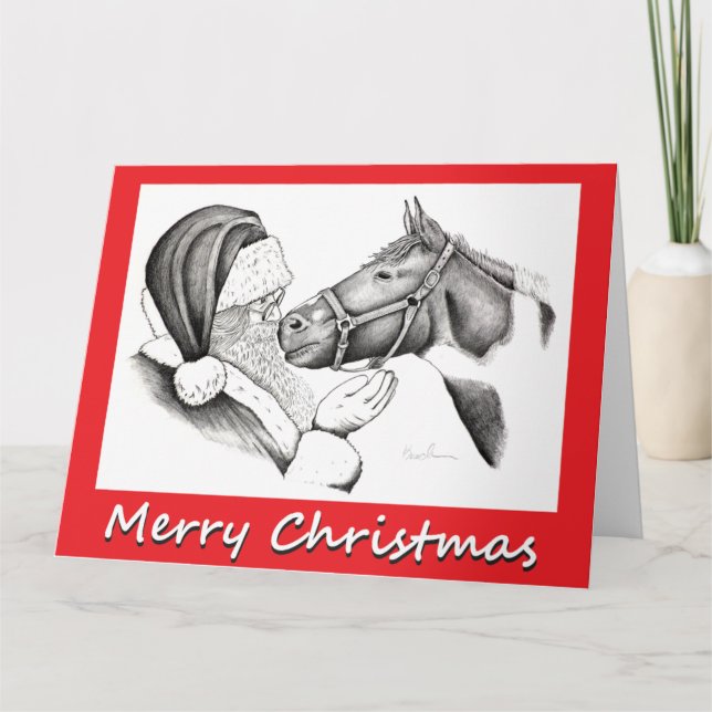 Carte De Remerciements Cheval de Noël et Père Noël (Devant)