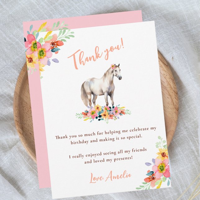 Carte De Remerciements Cheval fête d'anniversaire Floral Pony rose (Créateur téléchargé)