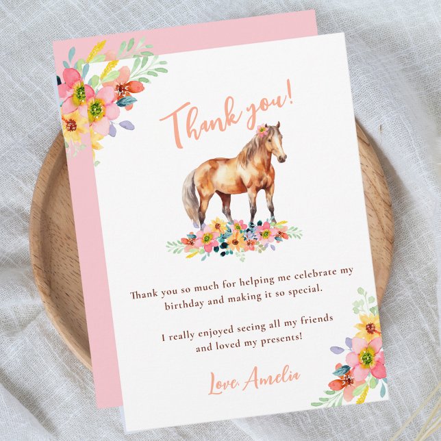 Carte De Remerciements Cheval Floral fête d'anniversaire rose (Créateur téléchargé)