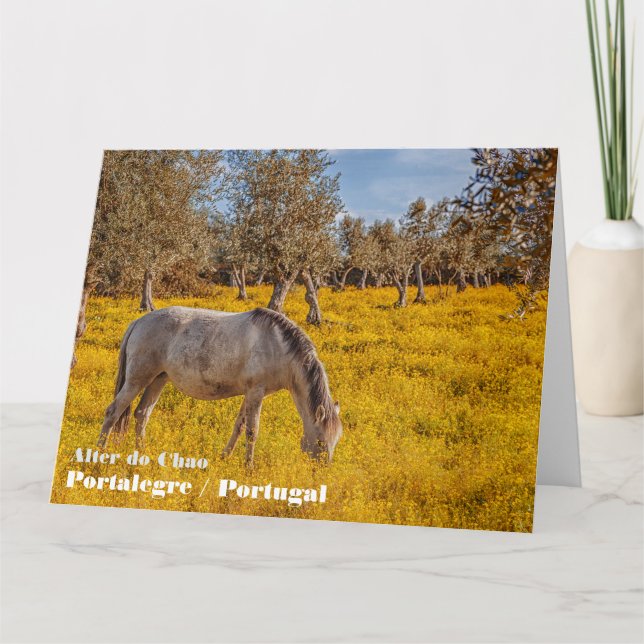 Carte De Remerciements Cheval pâturant dans une prairie fleurie jaune (Devant)