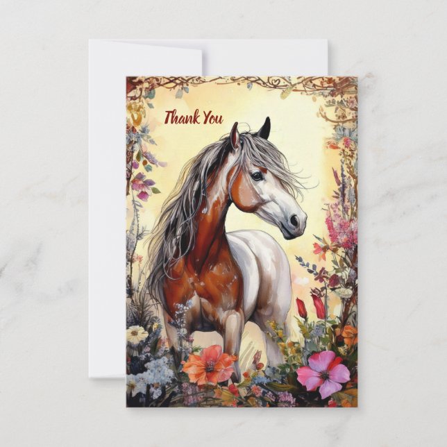 Carte De Remerciements Cheval Pinto et fleurs (Devant)