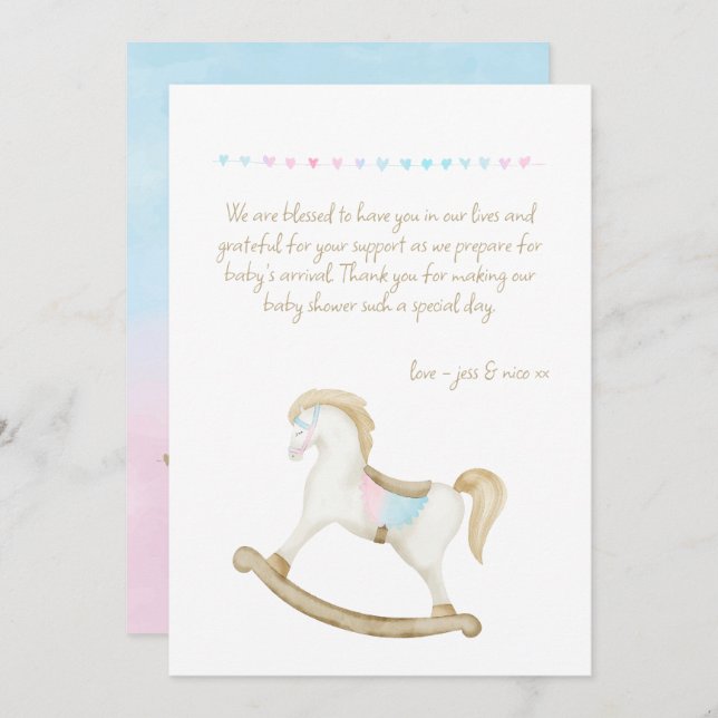 Carte De Remerciements Cheval Rocher bleu rose Baby shower neutre pour le (Devant / Derrière)