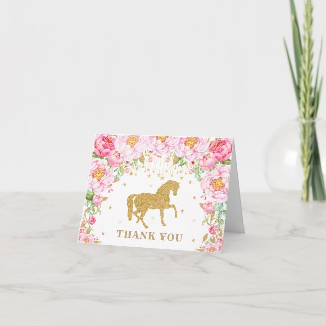Carte De Remerciements Cheval rose Floral Gold Parties scintillant Annive (Devant)