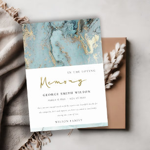 CARTE DE REMERCIEMENTS CHIC AQUA DUSKY BLUE GOLD AGATE SYMPATHIE MÉMORIAL