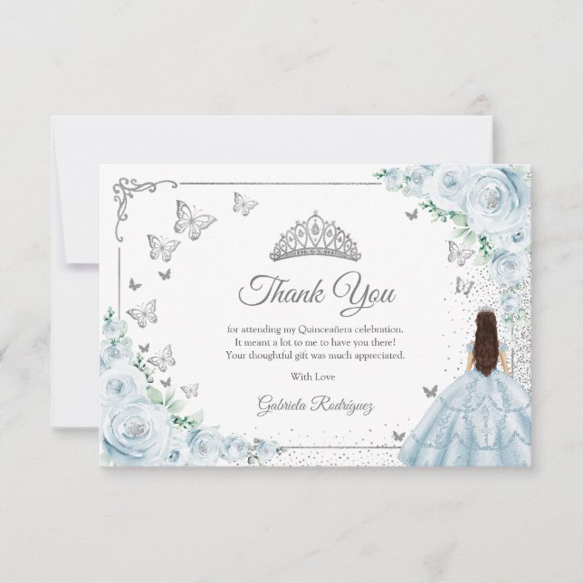Carte De Remerciements Chic Baby Blue Roses Silver Quinceanera (Devant)