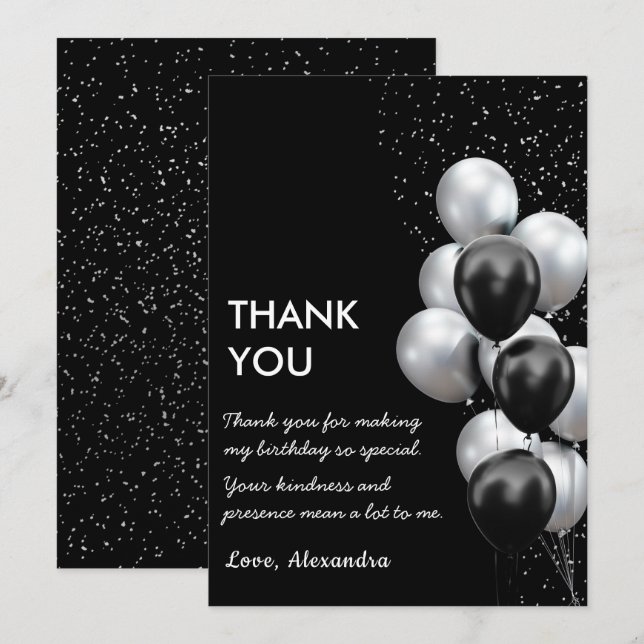 Carte De Remerciements Chic Balloon Gris Noir  (Devant / Derrière)