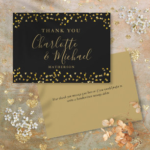 Carte De Remerciements Chic Black Gold Hearts Confetti Signature Script