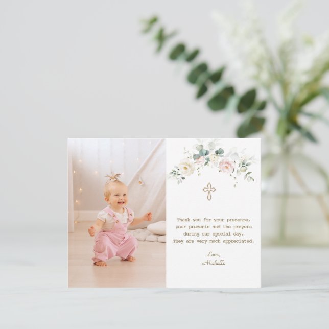 Carte De Remerciements Chic Blanc Rose Floral Gold Girl Photo Baptême (Debout devant)