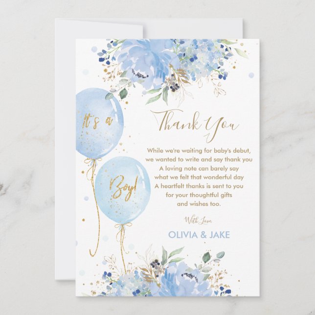 Carte De Remerciements Chic Blue Floral Balloons Gold Boy Baby shower (Devant)