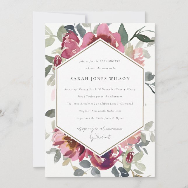 CARTE DE REMERCIEMENTS CHIC BLUSH BURGUNDY ROSE FLORAL BABY SHOWER INVITA (Devant)