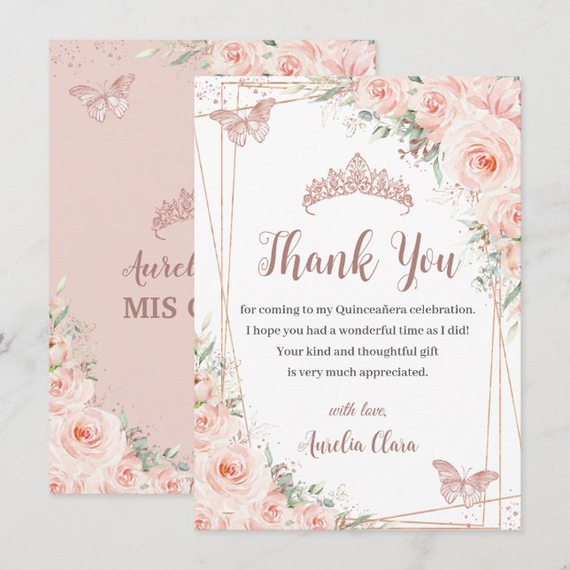 Carte De Remerciements Chic Blush Floral Rose Gold Butterfly Quinceañera (Devant / Derrière)