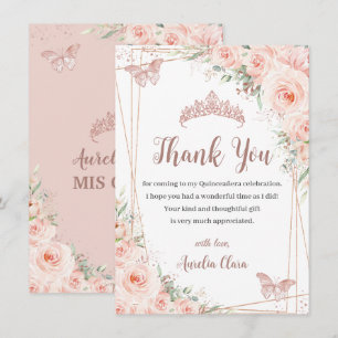 Carte De Remerciements Chic Blush Floral Rose Gold Butterfly Quinceañera