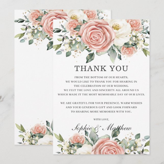 Carte De Remerciements Chic Blush Pink Ivory Floral Mariage (Devant / Derrière)