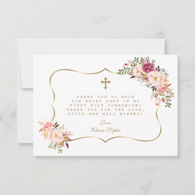 Carte De Remerciements Chic Blush rose Fleurs Gold Cross Holy Communion (Devant)