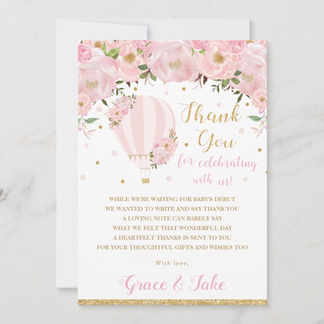 Carte De Remerciements Chic Blush Rose Floral Hot Air Balloon Baby shower (Devant)