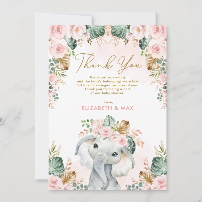 Carte De Remerciements Chic Boho Elephant Blush rose Baby shower Floral (Devant)