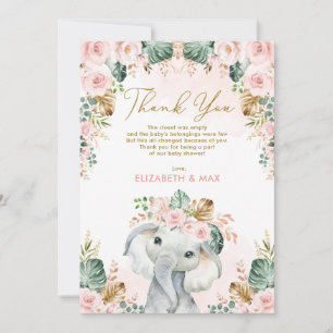 Carte De Remerciements Chic Boho Elephant Blush rose Baby shower Floral