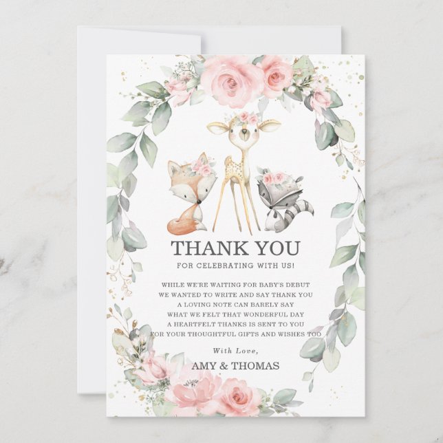 Carte De Remerciements Chic Bois Animaux Floral Greenery Baby shower (Devant)