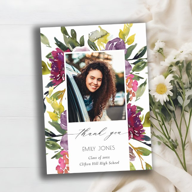 Carte De Remerciements Chic Bourgogne jaune rose floral photo Graduation (Créateur téléchargé)