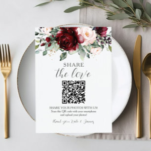 Carte De Remerciements Chic Bourgogne Rose Floral QR Partagez des Photos