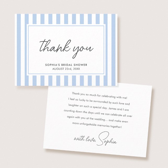 Carte De Remerciements Chic Bridal Shower Modern Script Blue Stripes (Créateur téléchargé)