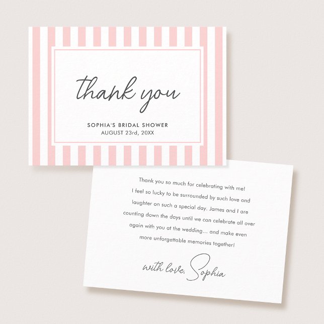 Carte De Remerciements Chic Bridal Shower Modern Script Pink Stripes (Créateur téléchargé)