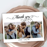 Carte De Remerciements Chic Calligraphie Script 3 Photo Collage Mariage<br><div class="desc">Élégante Calligraphie Moderne Chic Script Photo Mariage Carte de remerciements. Un mariage élégant merci modèle avec 3 photo sur le devant avec le texte "Merci" dans une tourbillonnant lettre à main fantaisie typographie script swash tail police. Carte recto-verso à l'arrière (1) photo. Personnalisez facilement votre nom et votre message de...</div>