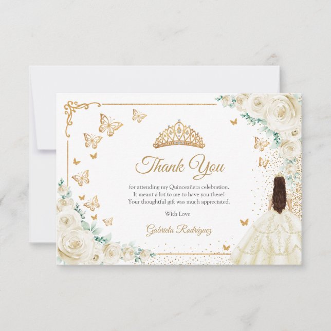 Carte De Remerciements Chic Champagne Ivory Roses Gold Quinceanera (Devant)