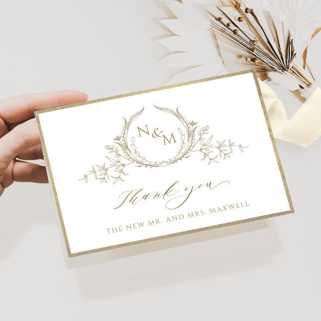 Carte De Remerciements Chic Champagne Monogram, Gold Frame Wedding (Créateur téléchargé)