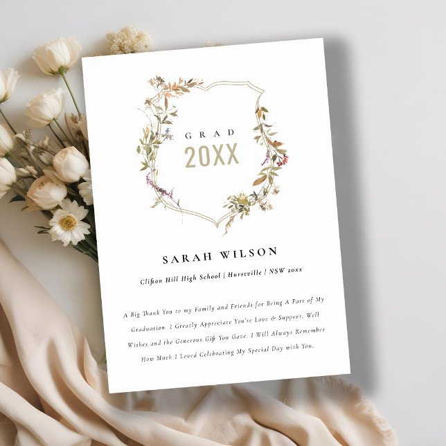 Carte De Remerciements Chic Dusky Rose Blush Fleur sauvage Crest Graduati (Créateur téléchargé)