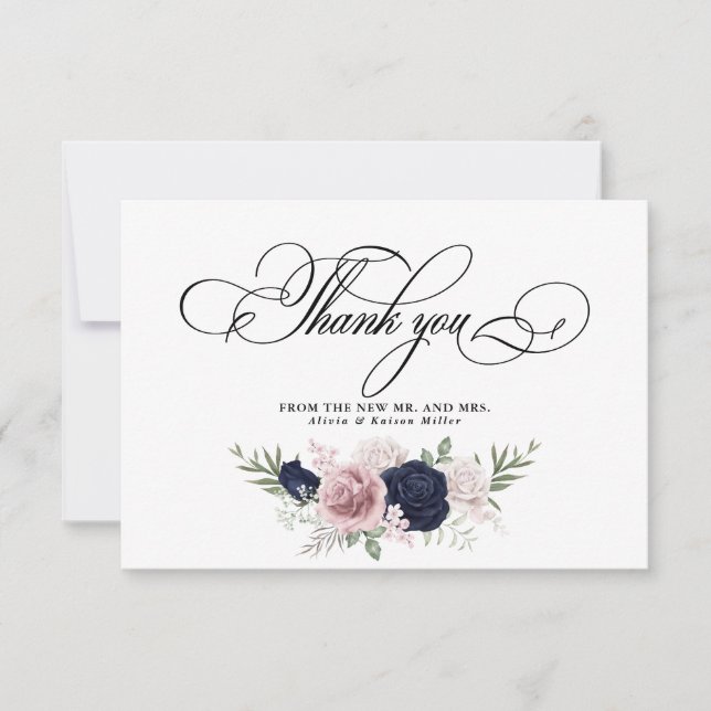 Carte De Remerciements Chic Elegant Blush Mariage bleu marine (Devant)